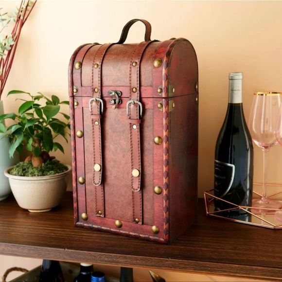 true fabrications Other - Twine Antique 2 Bottle Wooden Decorative Wine Box with Lid and Handle